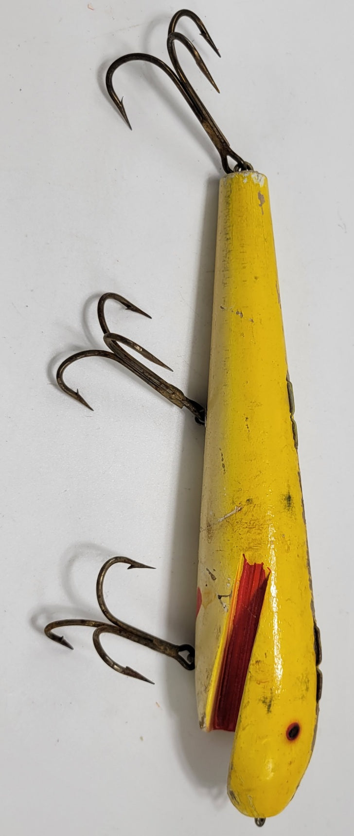 LARGE WOODED 10" YELLOW AND RED FISHING LURE WITH RED EYES AND 3 HOOKS - Grannies Garage