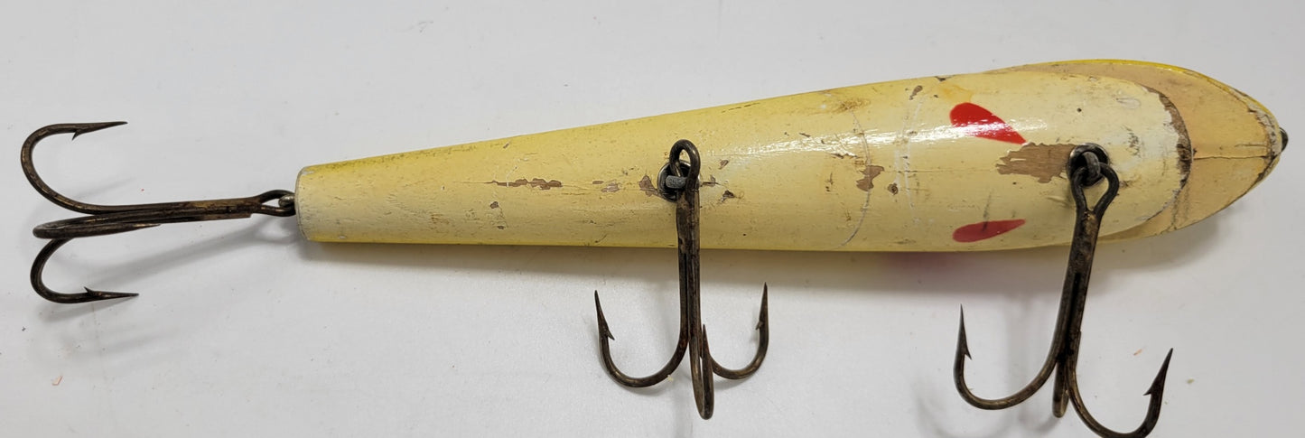 LARGE WOODED 10" YELLOW AND RED FISHING LURE WITH RED EYES AND 3 HOOKS - Grannies Garage