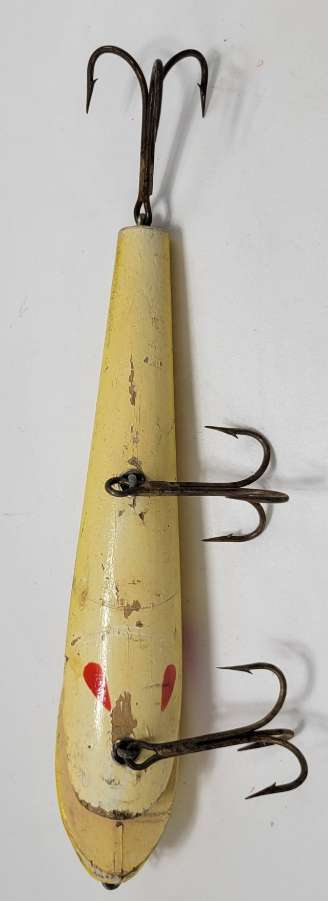 LARGE WOODED 10" YELLOW AND RED FISHING LURE WITH RED EYES AND 3 HOOKS - Grannies Garage
