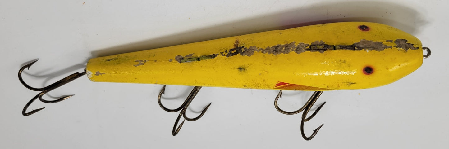 LARGE WOODED 10" YELLOW AND RED FISHING LURE WITH RED EYES AND 3 HOOKS - Grannies Garage