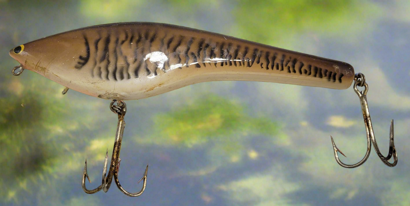 Bagley ????8" Lure features a unique brown, ivory and peach color pattern with striking yellow and black eyes. Its two hooks ensure a secure catch. A must-have for any fishing expert. - Grannies Garage