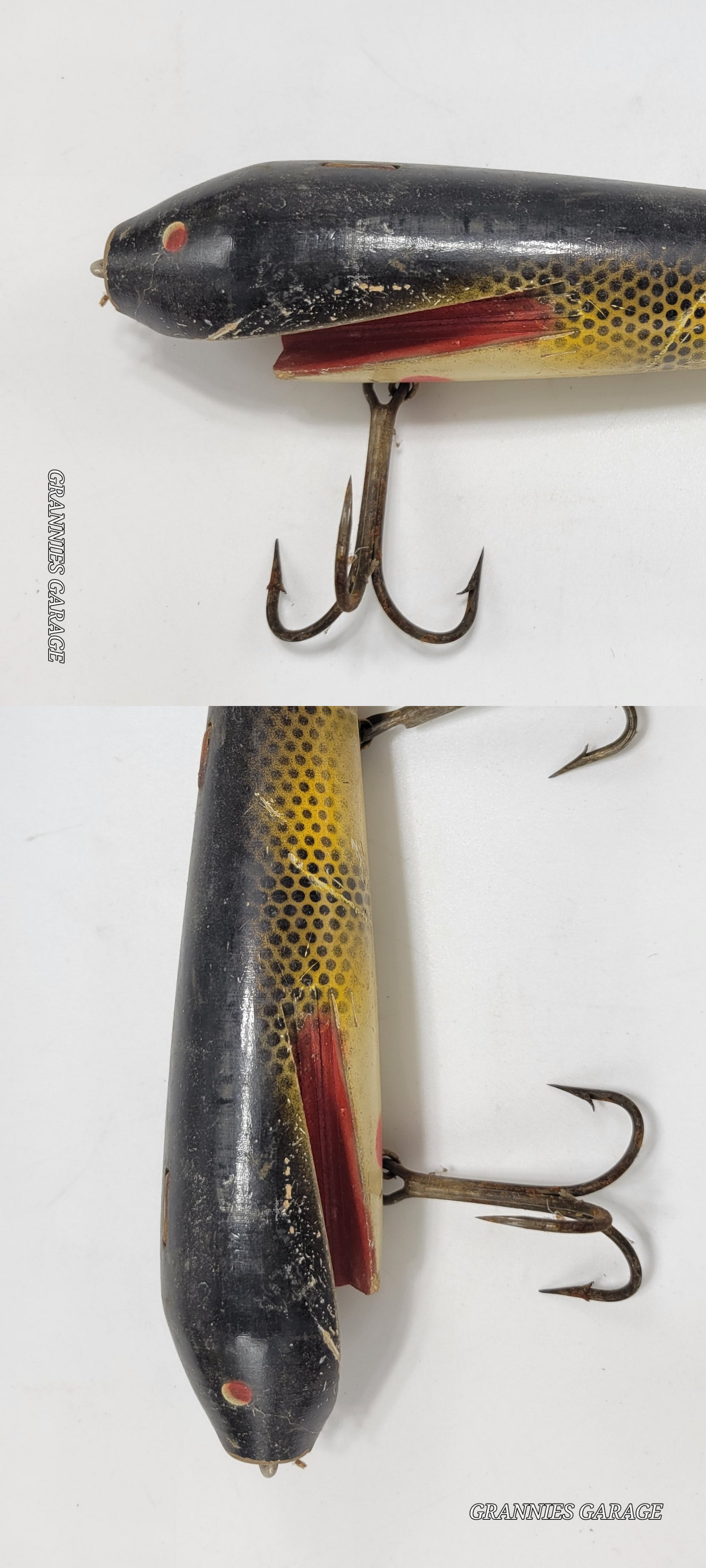 Vintage Wood Black, Yellow and Red 3 Hook 8" fishing Lure - Grannies Garage