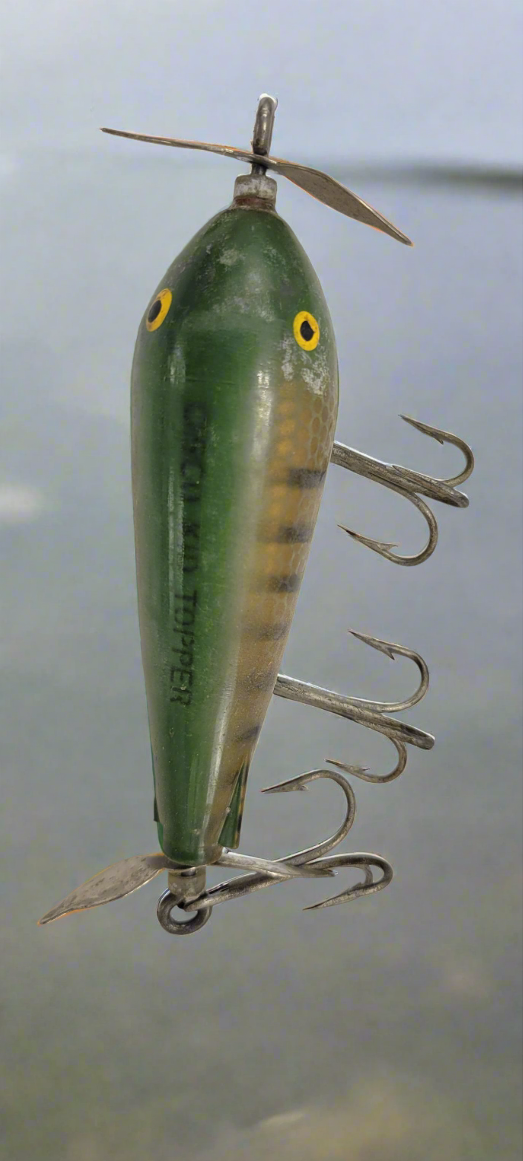 Vintage Green and Yellow. Yellow Eyes, 2 spinners "Cisco Kid Topper" 5" Lure- 3 Hooks - Grannies Garage