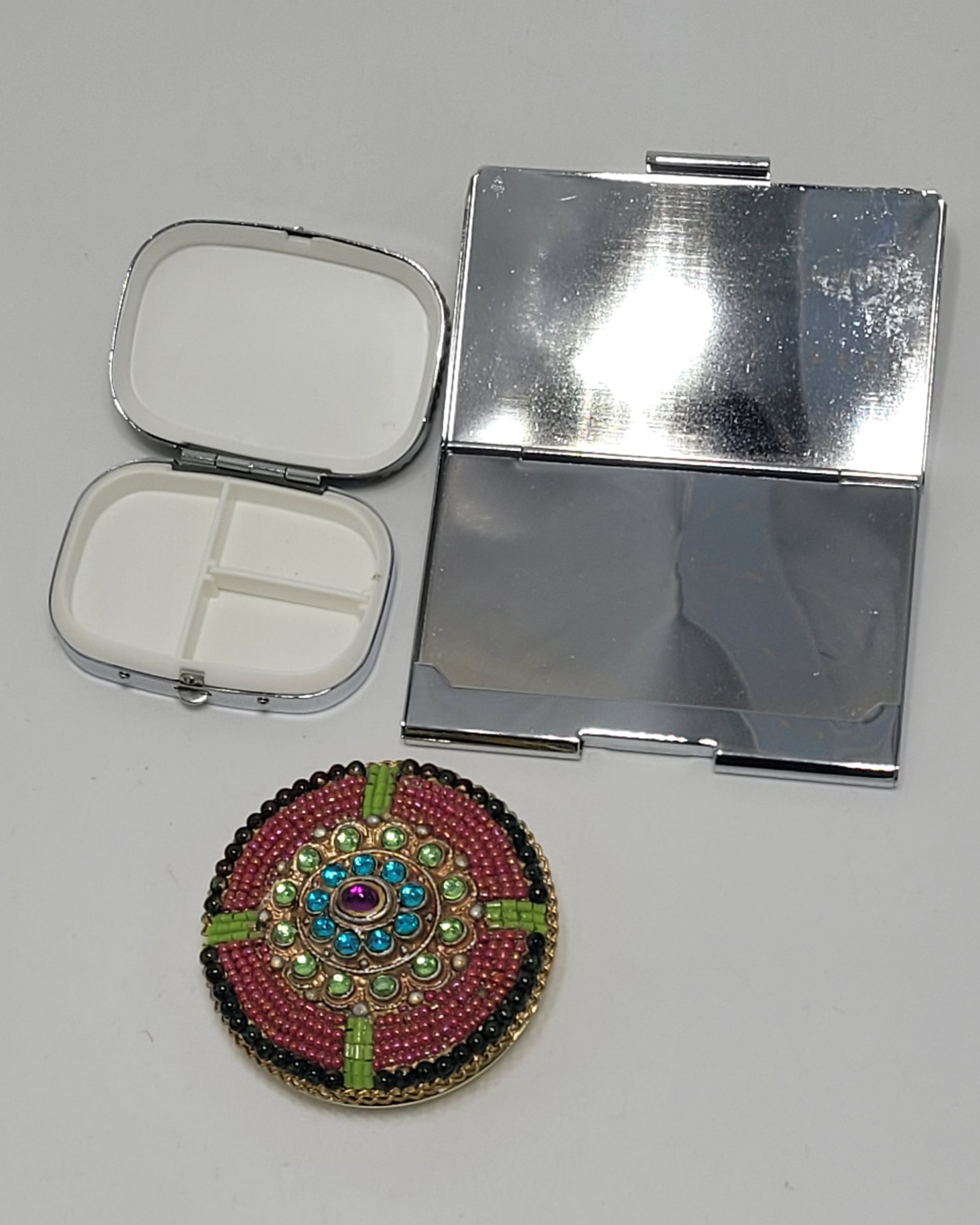 Set of Jeweled Compact Mirror, Pill Box, & Card Holder - Grannies Garage