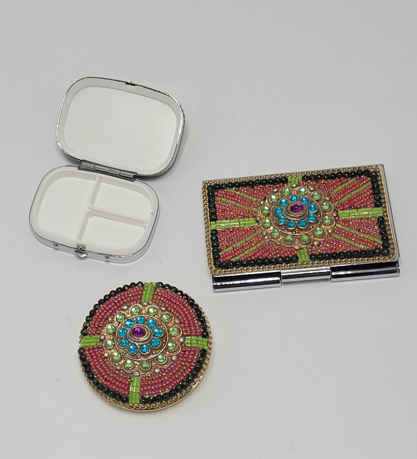 Set of Jeweled Compact Mirror, Pill Box, & Card Holder - Grannies Garage