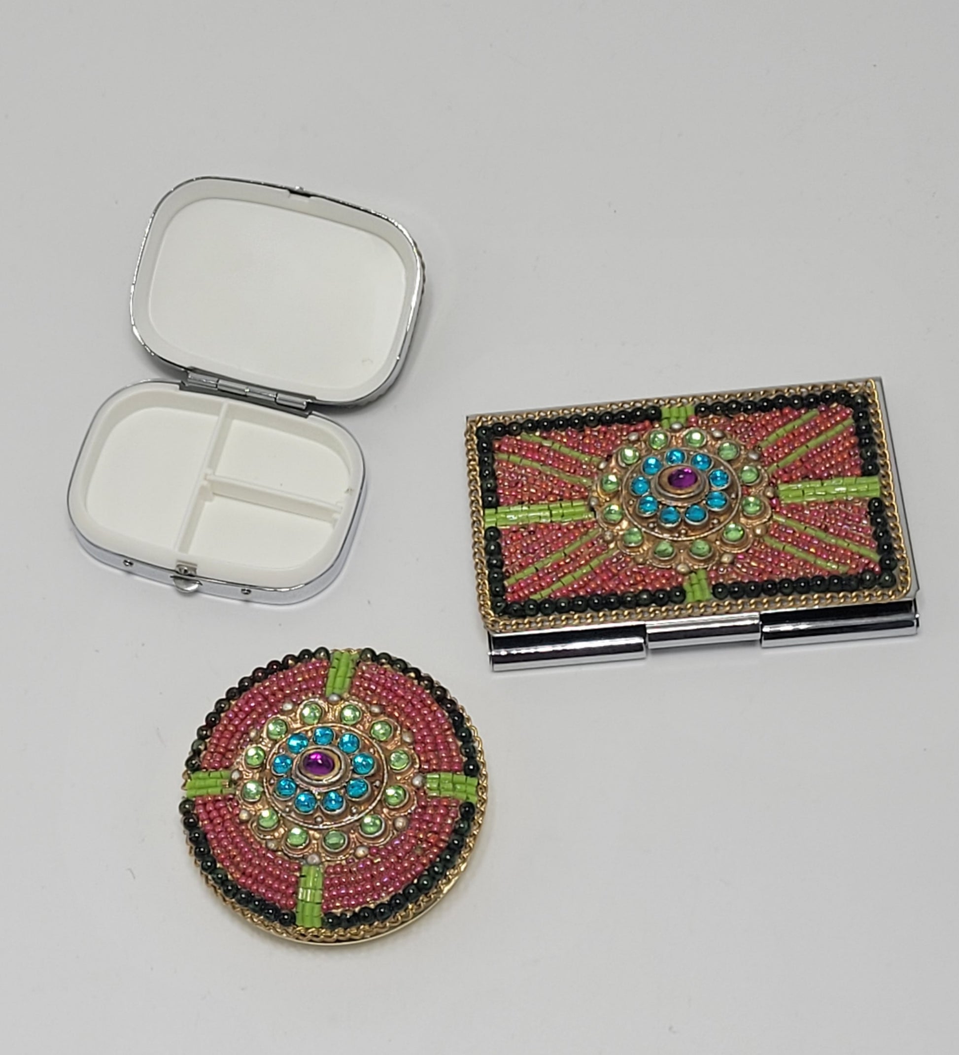 Set of Jeweled Compact Mirror, Pill Box, & Card Holder - Grannies Garage