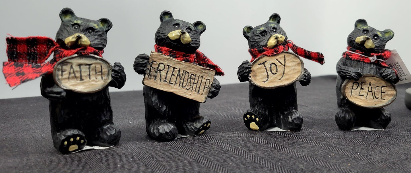 Adorable (Set of four) 3.5" BLACK BEARS, with signs: FAITH, FRIENDSHIP, JOY and PEACE- NEW