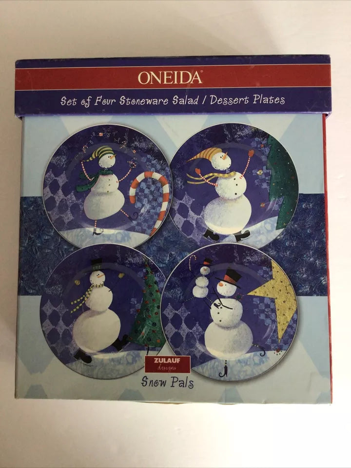 Collectible - Oneida Set Of 4 Snowman Stoneware Dessert Salad Plates - Grannies Garage