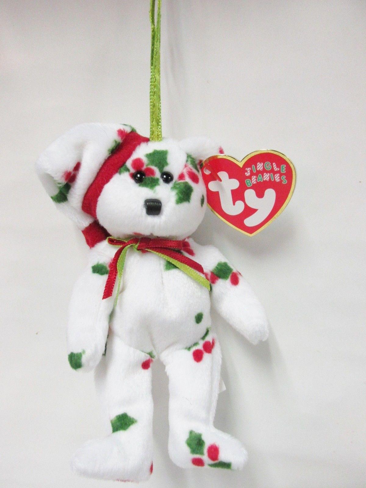 Plush - 1998 Holiday TY Beanie Bear Toy - White Bear with holly print - Grannies Garage