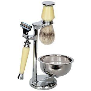 Kingsley Shave Set - Faux Ivory and Silver Handles, Soap and Stand SB-678 - Grannies Garage