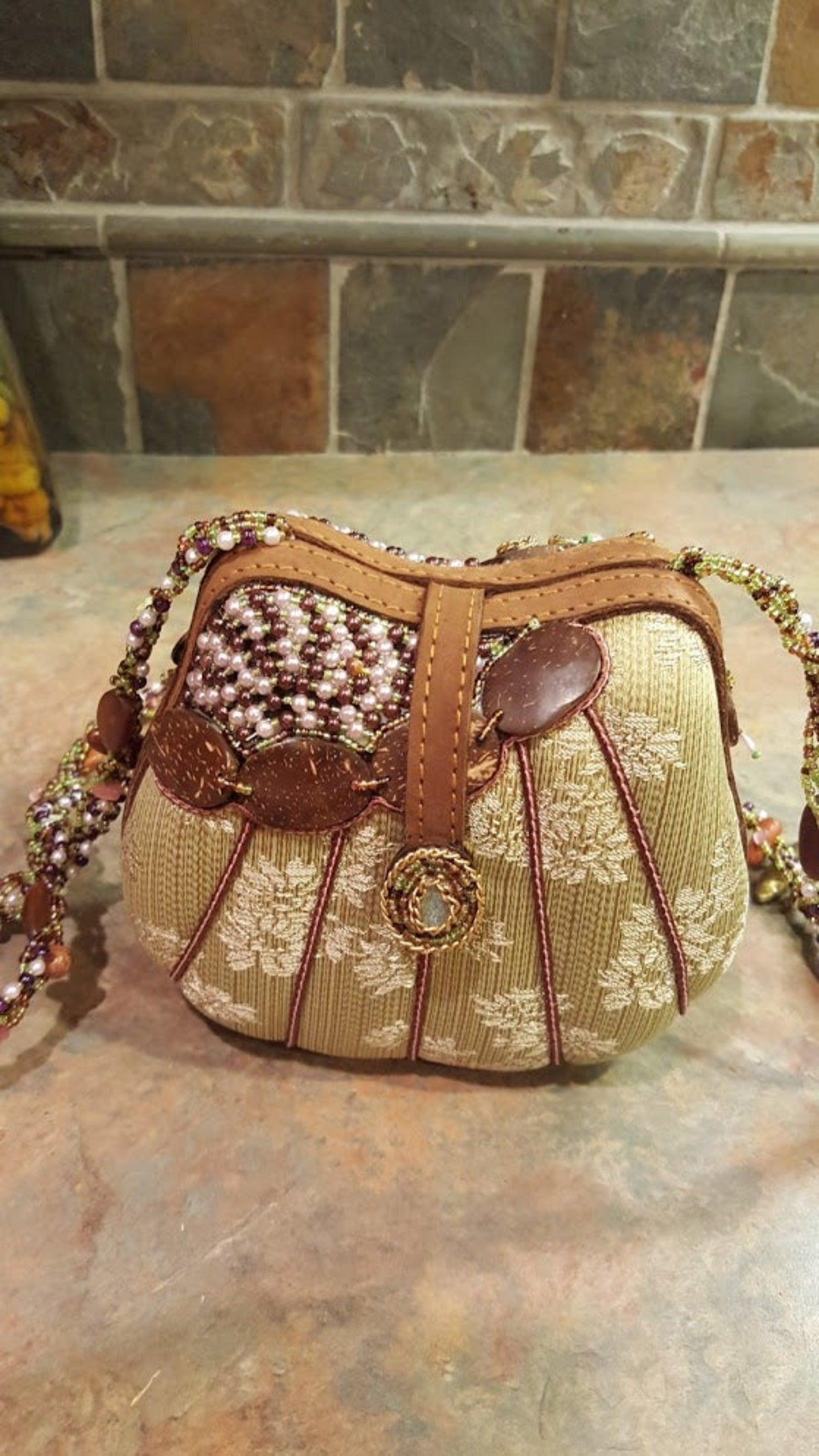 Mary Frances Green & Brown Hand Bag with Flowers Retired Design - Grannies Garage