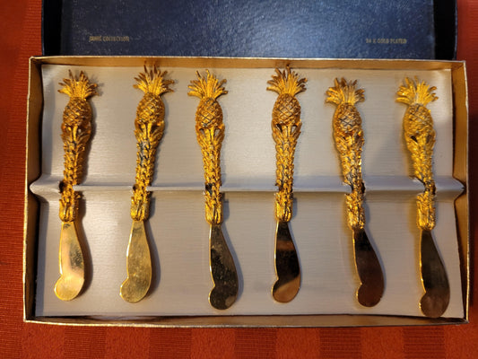 Vintage - Kitchen Pineapple spreaders -24K gold-plated Set of 6 - Grannies Garage