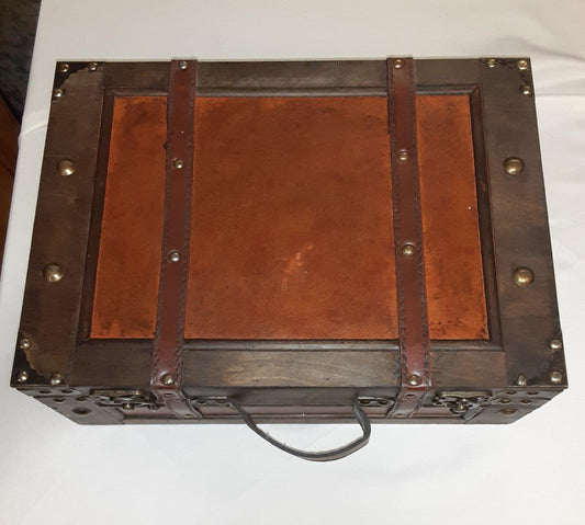 Box - Two Tone Brown Trunk Wood and Faux Leather Small Treasure Chest - Grannies Garage