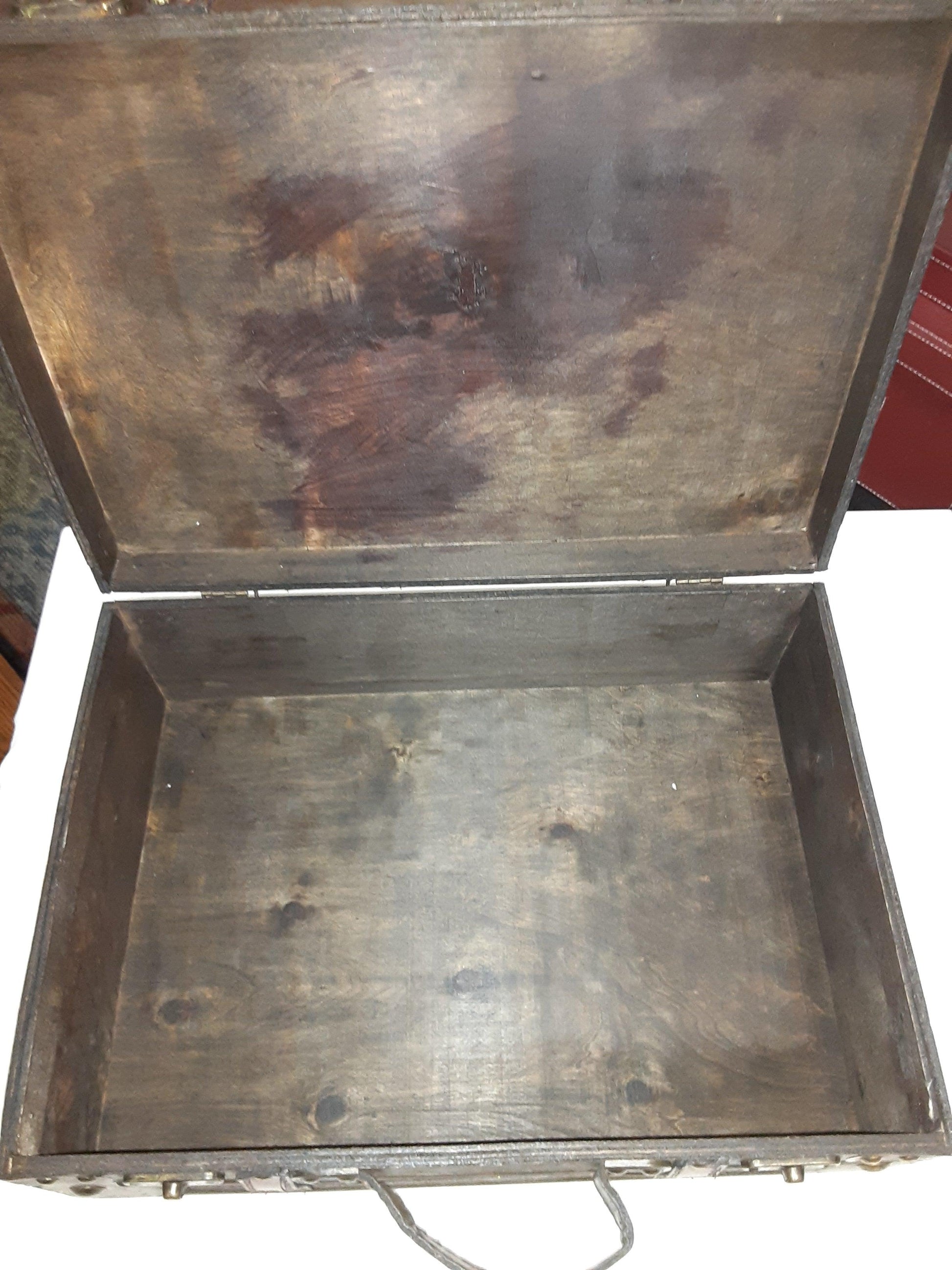 Box - Two Tone Brown Trunk Wood and Faux Leather Small Treasure Chest - Grannies Garage