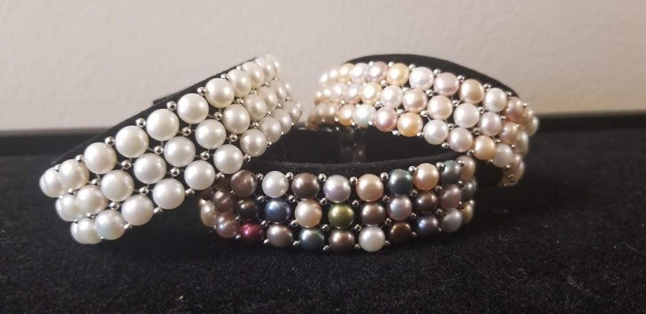 Jewelry - Sterling Silver Freshwater Cultured Pearl 3 Row Stretch Bracelet - Choice of Five Colors - Grannies Garage