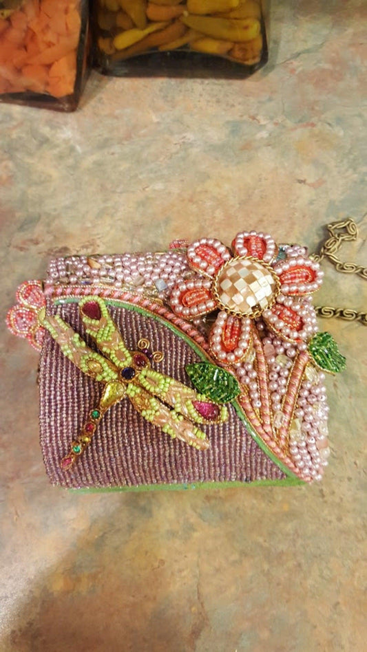 Mary Frances Hand Bag with a Dragonfly & Flower Retired Design - Grannies Garage