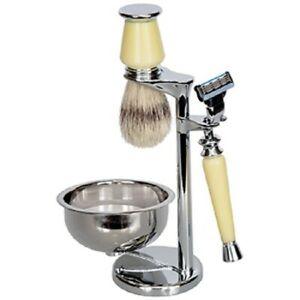 Kingsley Shave Set - Faux Ivory and Silver Handles, Soap and Stand SB-678 - Grannies Garage