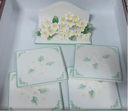 Richesco Floral Yellow Green Coaster Set of 4 and holder