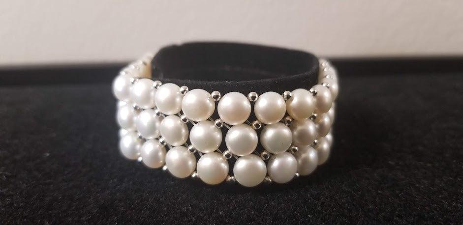 Jewelry - Sterling Silver Freshwater Cultured Pearl 3 Row Stretch Bracelet - Choice of Five Colors - Grannies Garage