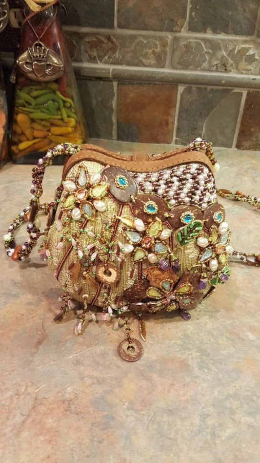 Mary Frances Green & Brown Hand Bag with Flowers Retired Design - Grannies Garage
