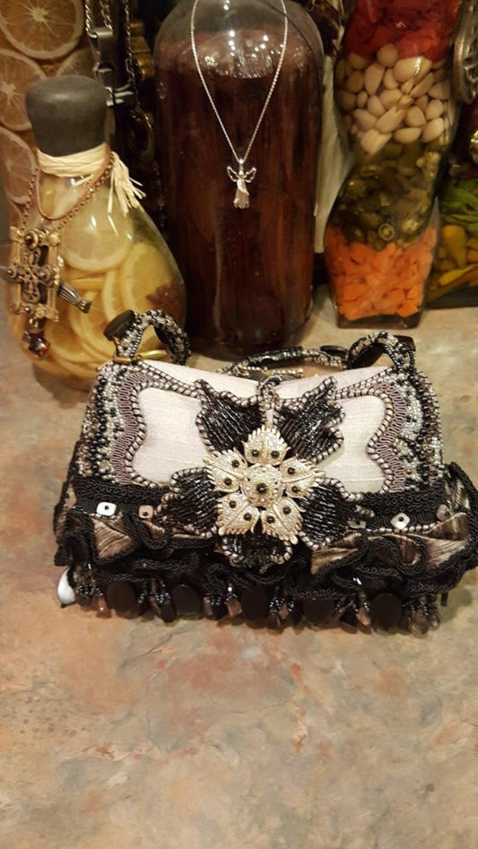 Mary Frances Hand Bag Black & Grey Ornate Retired Design - Grannies Garage