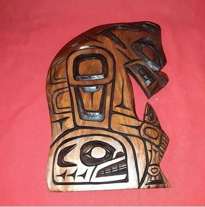 Wall art - Wood carving - Alaskan Artist - Bear and Cub with Salmon - Grannies Garage