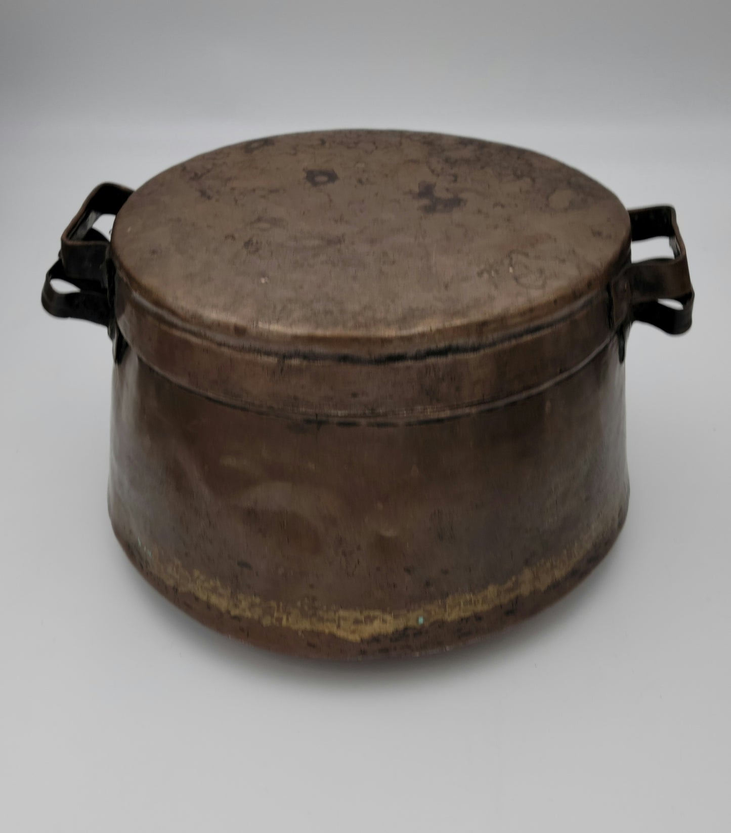 Turkish / Mediterranean Patinated Tinned Copper Two-Handle Cooking Vessel Pot and Lid. Old Decorative Metalware Container