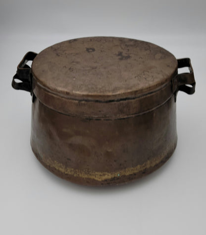 Turkish / Mediterranean Patinated Tinned Copper Two-Handle Cooking Vessel Pot and Lid. Old Decorative Metalware Container