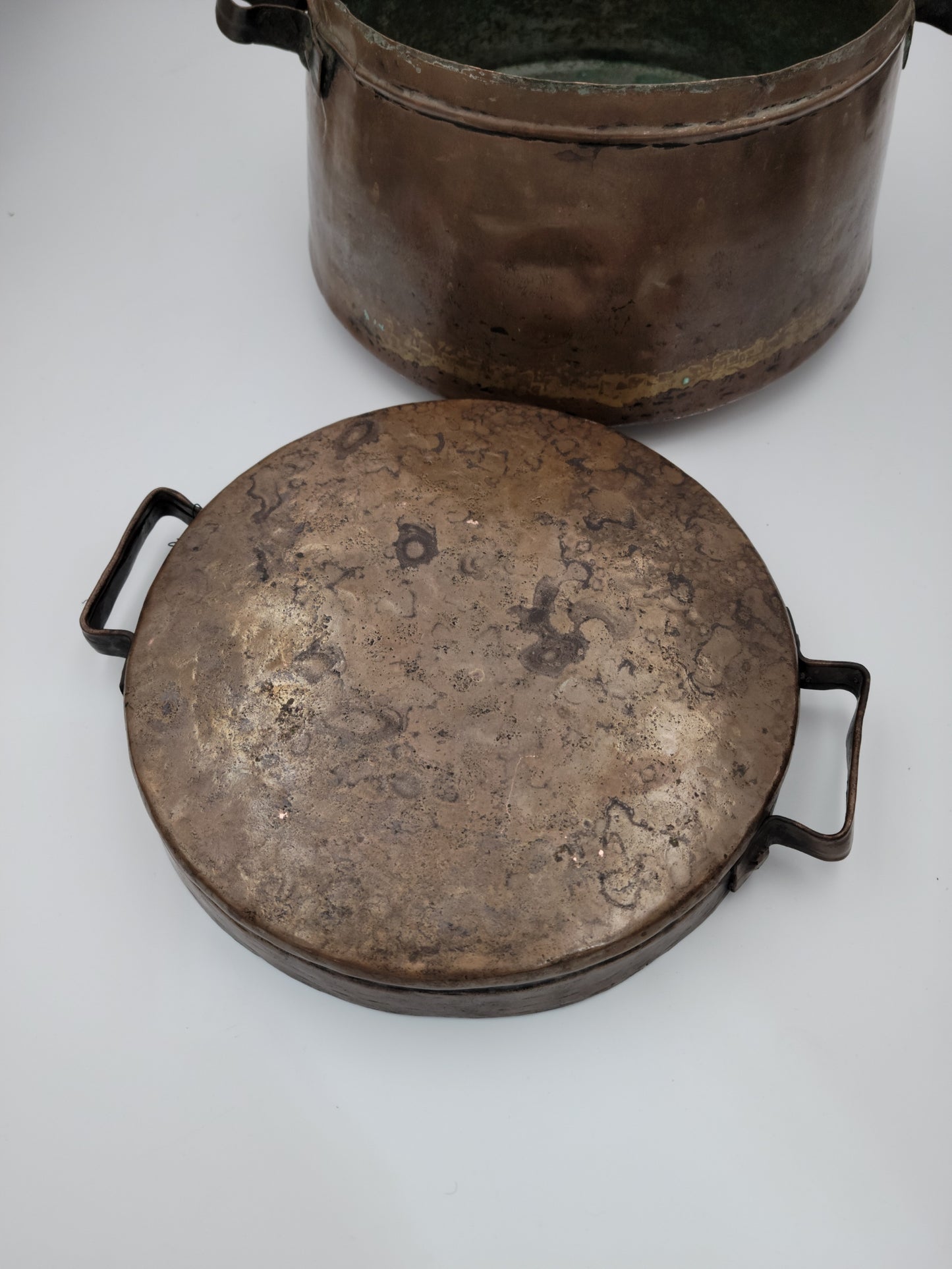 Turkish / Mediterranean Patinated Tinned Copper Two-Handle Cooking Vessel Pot and Lid. Old Decorative Metalware Container