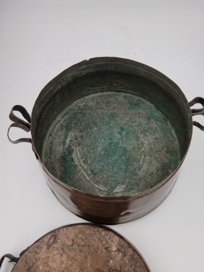 Turkish / Mediterranean Patinated Tinned Copper Two-Handle Cooking Vessel Pot and Lid. Old Decorative Metalware Container