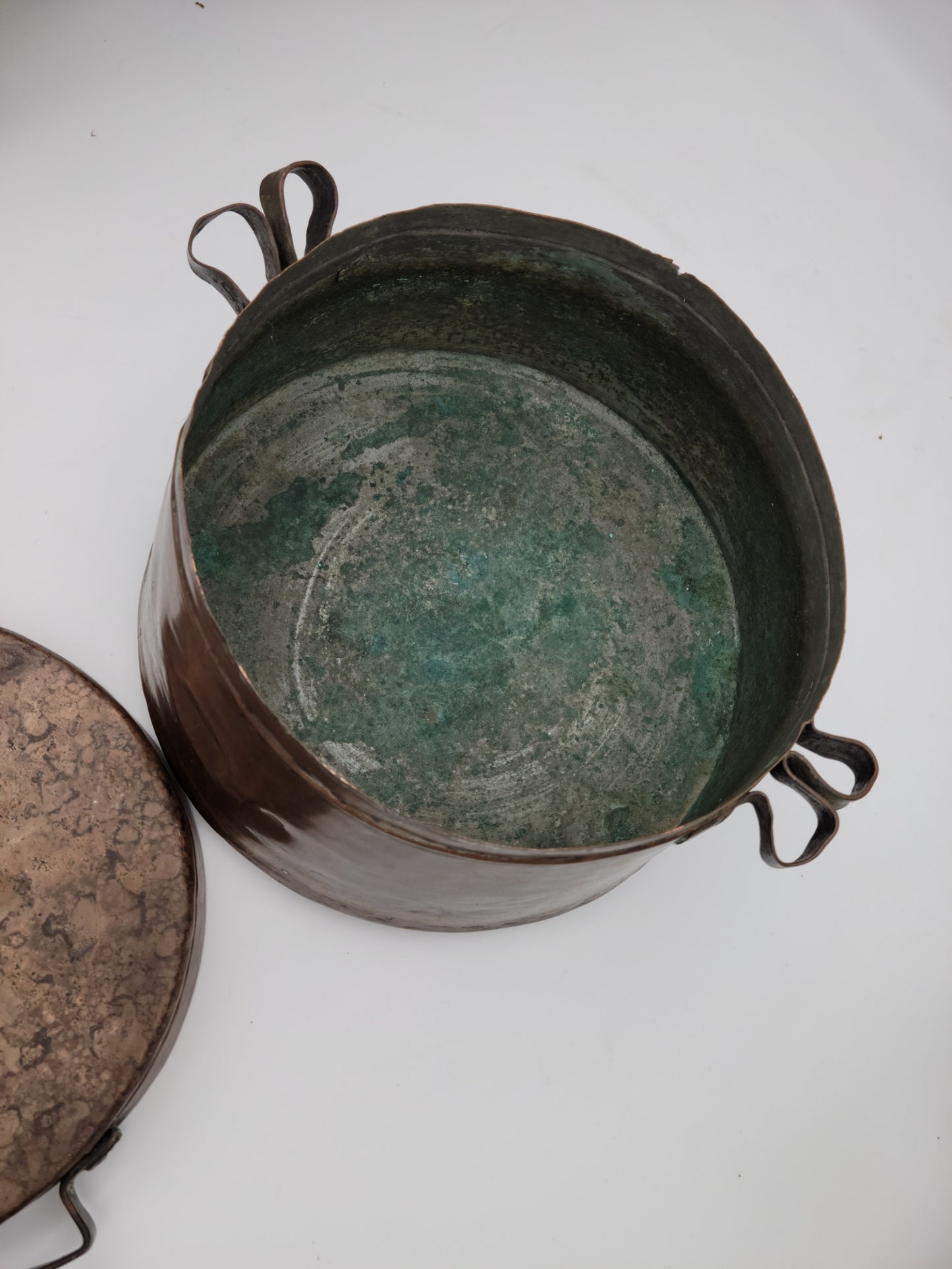 Turkish / Mediterranean Patinated Tinned Copper Two-Handle Cooking Vessel Pot and Lid. Old Decorative Metalware Container