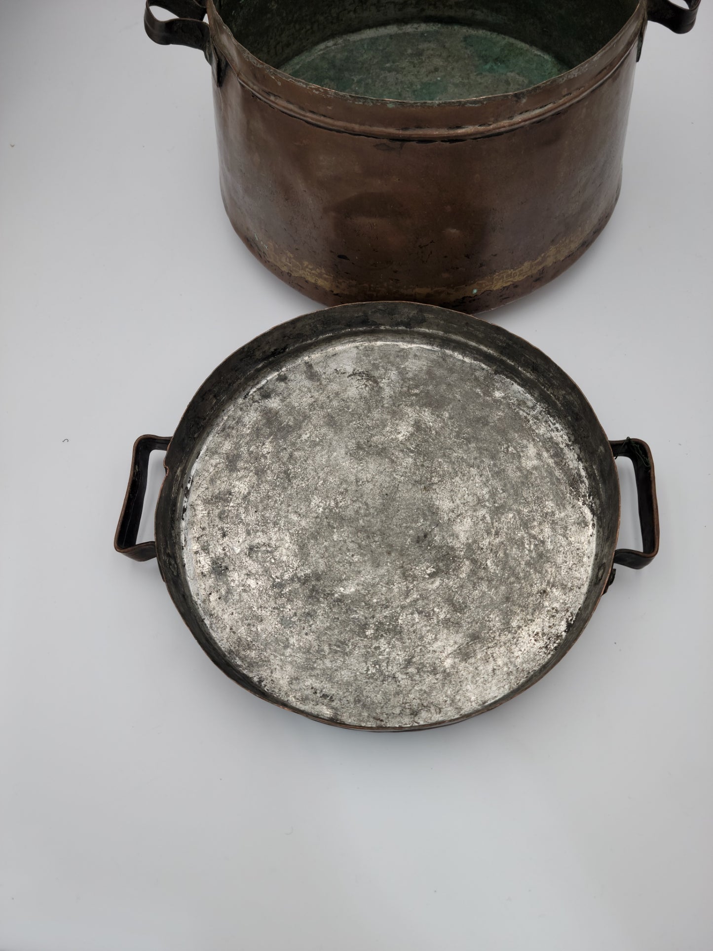 Turkish / Mediterranean Patinated Tinned Copper Two-Handle Cooking Vessel Pot and Lid. Old Decorative Metalware Container