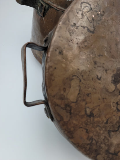 Turkish / Mediterranean Patinated Tinned Copper Two-Handle Cooking Vessel Pot and Lid. Old Decorative Metalware Container