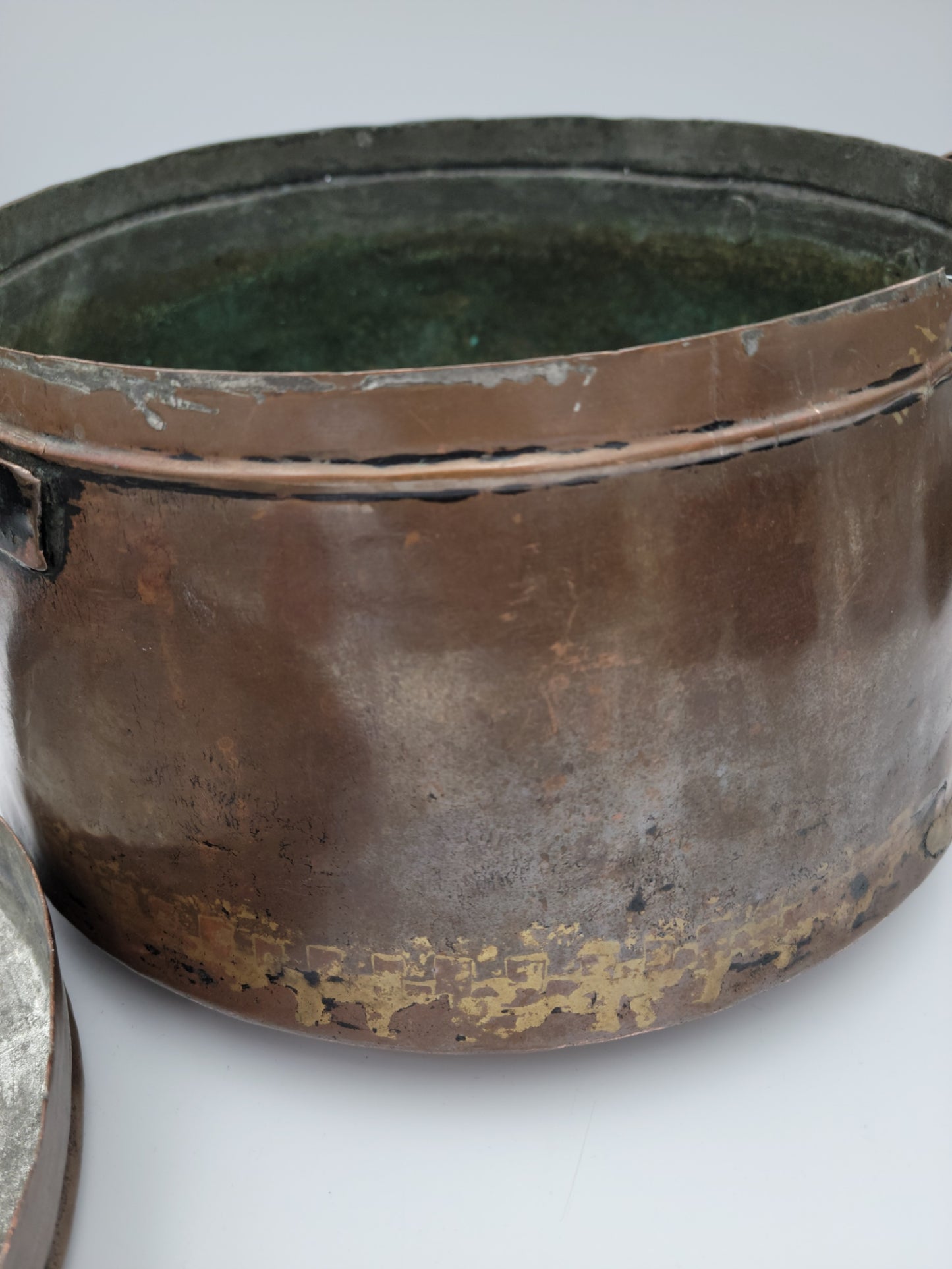 Turkish / Mediterranean Patinated Tinned Copper Two-Handle Cooking Vessel Pot and Lid. Old Decorative Metalware Container