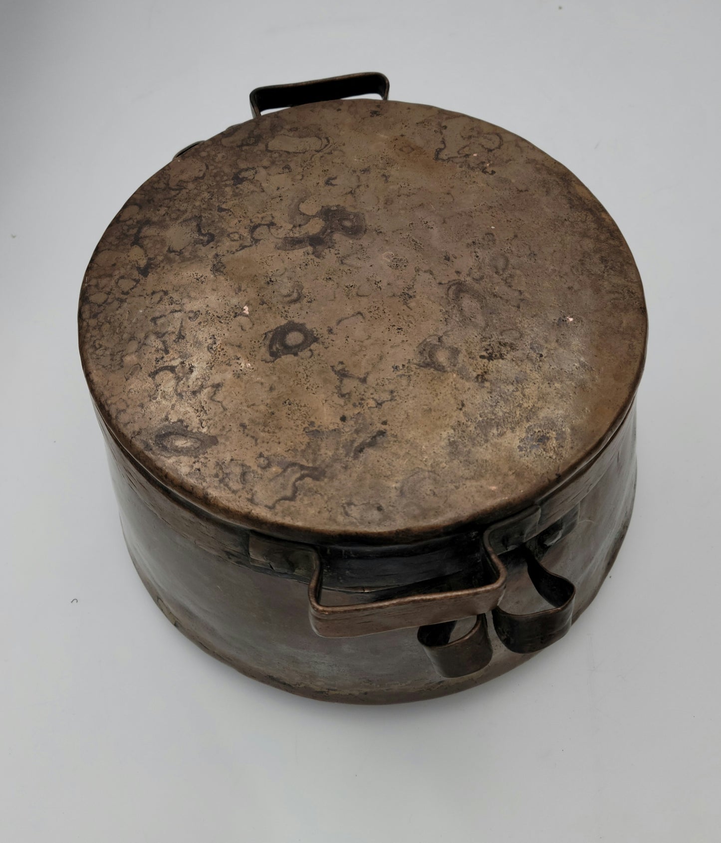 Turkish / Mediterranean Patinated Tinned Copper Two-Handle Cooking Vessel Pot and Lid. Old Decorative Metalware Container