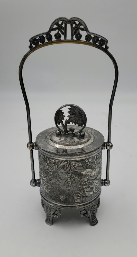Quad. Plate Silver  Sugar, Pickle, Biscuit Jar with Lid and Basket handle