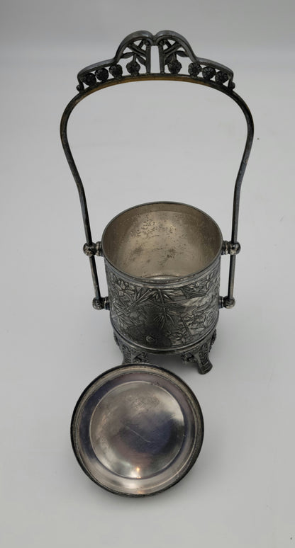 Quad. Plate Silver  Sugar, Pickle, Biscuit Jar with Lid and Basket handle