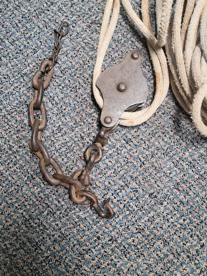 Antique Rope Block and Tackle Western Electric double pulley system with chain