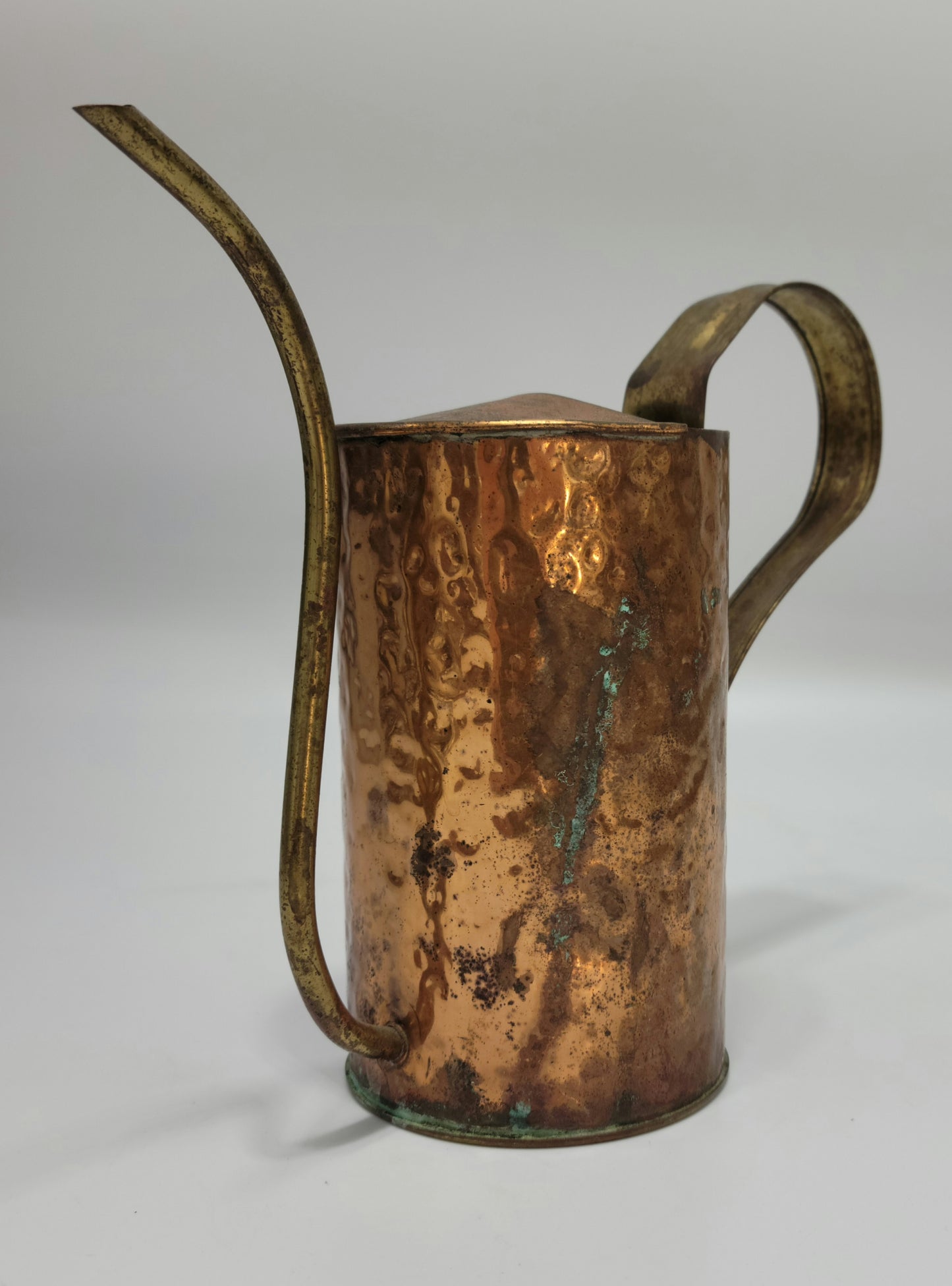 Vintage Hammered Copper and Brass Watering Can Plant Pot with Patina