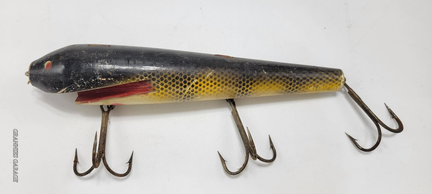 Vintage Wood Black, Yellow and Red 3 Hook 8" fishing Lure