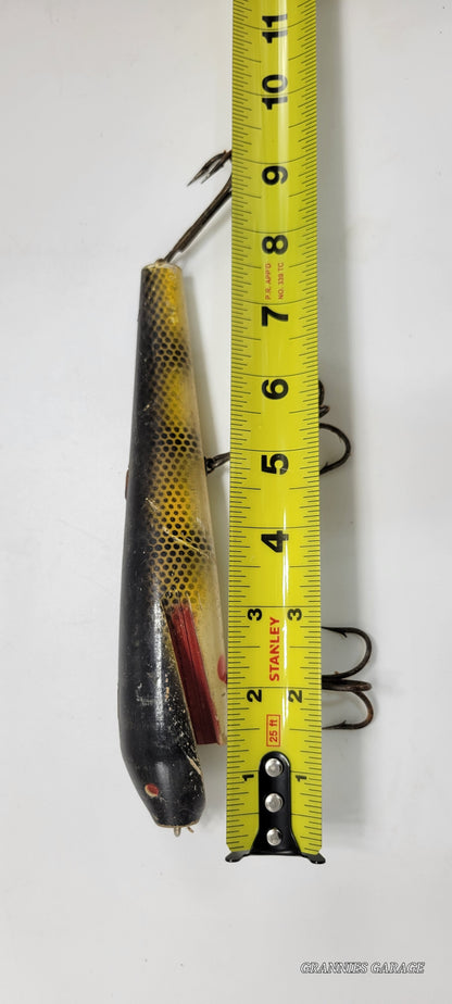 Vintage Wood Black, Yellow and Red 3 Hook 8" fishing Lure