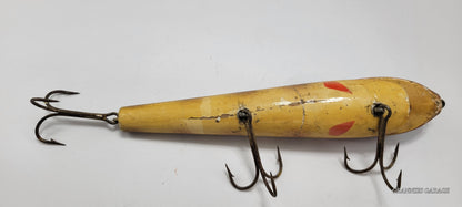 BROWN, YELLOW AND RED, 3 HOOK WOOD CRANKBAIT 10" FISHING LURE FOR MUSKIE, SALMON, AND LARGE FISH