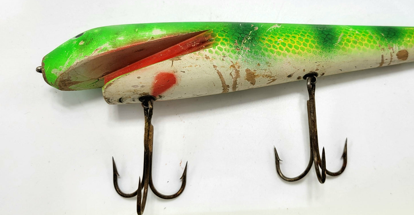 GREEN, YELLOW, IVORY, RED 10" WOOD 3 HOOK FISHING LURE- MUSKIE, SALMON, LARGE BASS AND MORE!