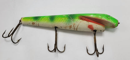 GREEN, YELLOW, IVORY, RED 10" WOOD 3 HOOK FISHING LURE- MUSKIE, SALMON, LARGE BASS AND MORE!