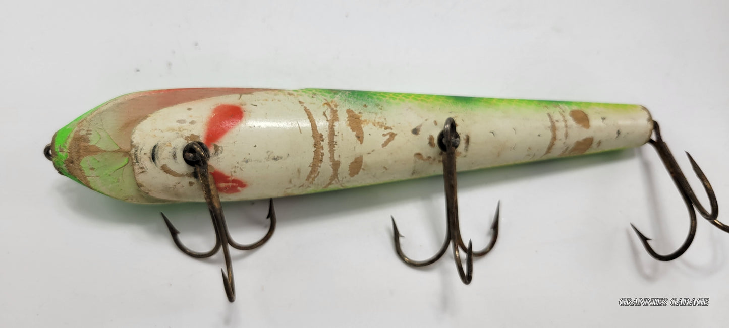 GREEN, YELLOW, IVORY, RED 10" WOOD 3 HOOK FISHING LURE- MUSKIE, SALMON, LARGE BASS AND MORE!