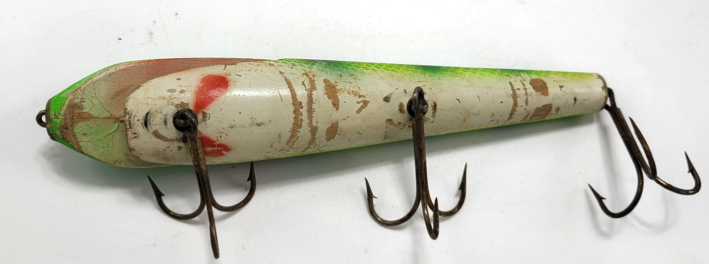 GREEN, YELLOW, IVORY, RED 10" WOOD 3 HOOK FISHING LURE- MUSKIE, SALMON, LARGE BASS AND MORE!