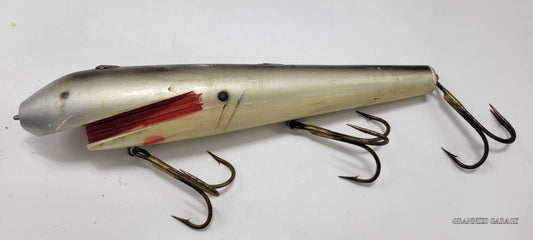 GREY, IVORY RED BLACK 3 HOOK WOOD CRANKBAIT- 10" FISHING LURE- MUSKIE, SALMON, LARGE BASS AND OTHER LARGE FISH.