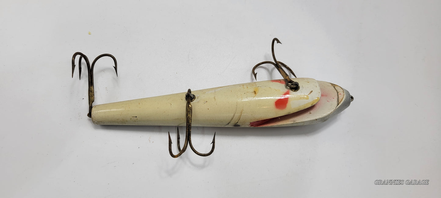 GREY, IVORY RED BLACK 3 HOOK WOOD CRANKBAIT- 10" FISHING LURE- MUSKIE, SALMON, LARGE BASS AND OTHER LARGE FISH.