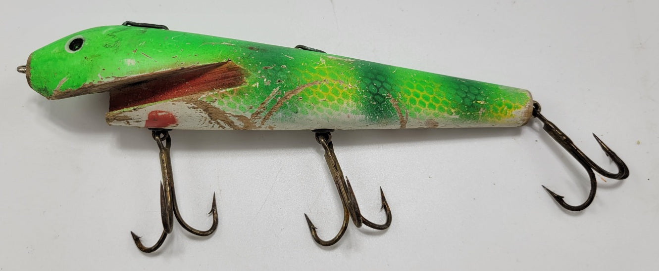 LARGE WOODEN 3 HOOK FISHING LURE  - GREEN, YELLOW, WHITE AND RED - BLACK EYES