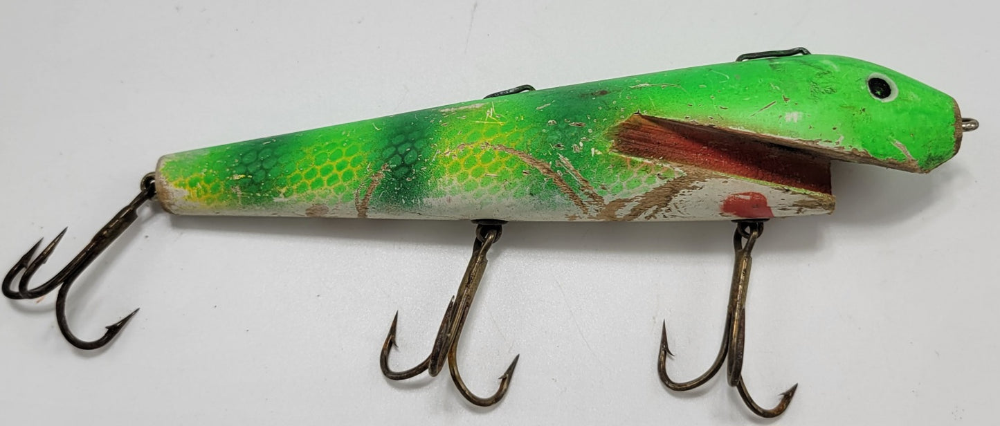 LARGE WOODEN 3 HOOK FISHING LURE  - GREEN, YELLOW, WHITE AND RED - BLACK EYES